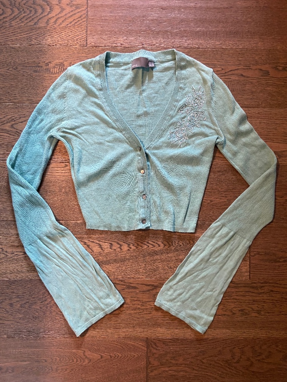 EUC: Mexx Vintage Y2K Embroidered Beaded Sage Green Cropped Cardigan XS